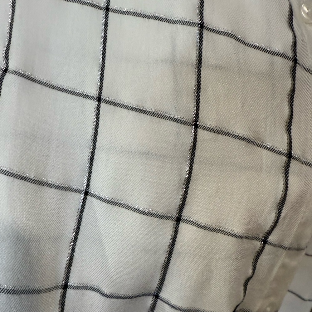 Chico’s Windowpane Plaid Blouse White Black Shimmer Button Front Top Size 1 US 8 - Picture 3 of 10